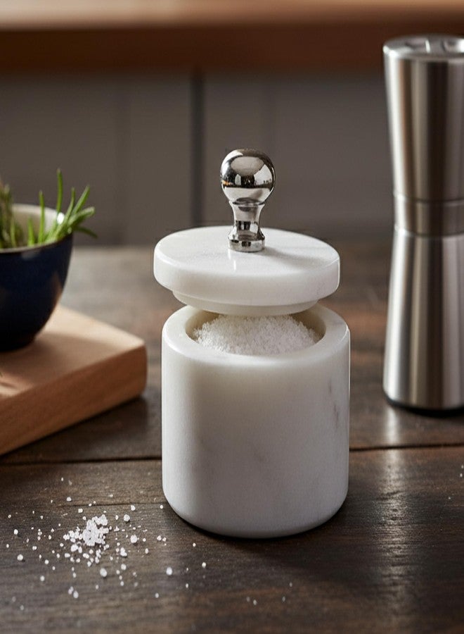 KLEO Marble Salt and Spice Holder with Lid | Small Container | Stone Salt Box/Canister for Kitchen and Dining | Saunf Holder (White) - Image 1